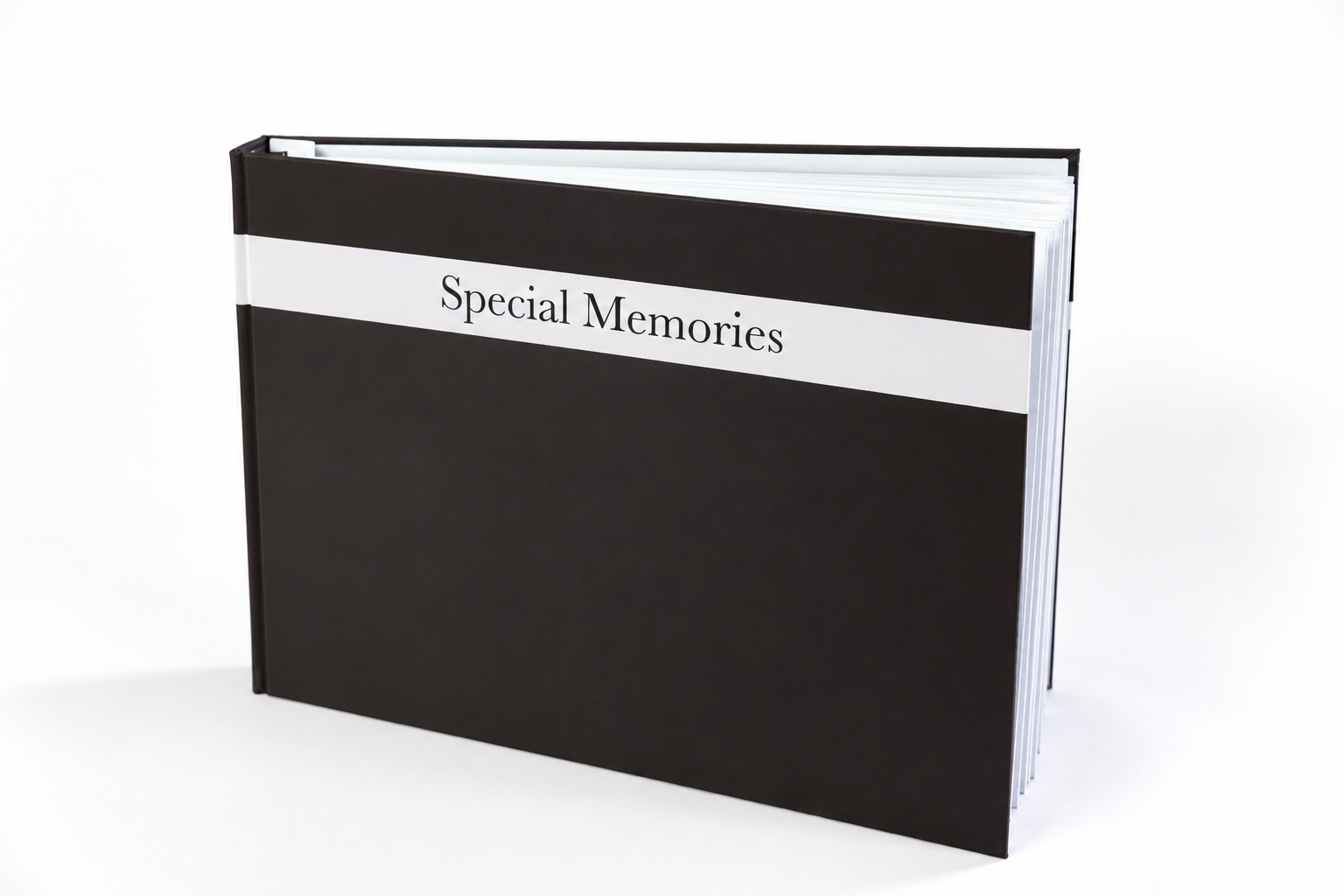 Image black album with Special Memories in White strip Capture your story with our quality handmade albums and online co-creation sessions